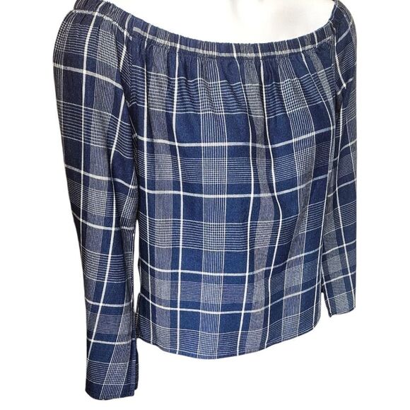 CLOTH & STONE Women's Long Bell Sleeve Off Shoulder Homestead Blue Plaid Blouse - Picture 3 of 16